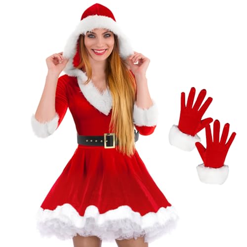 SOETDERT Weihnachtsfrau Kostüm Damen, Weihnachtsmann Kostüm Damen, Weihnachtskleid Hohe Taille mit Gürtel Handschuhe, Santa Kostüm Damen, Weihnachts Damen Outfit Rot für Weihnachtsfeier von SOETDERT