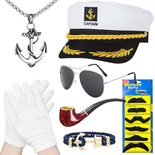 SOETDERT Yacht Kapitän Hut Kapitänsmütze Kostüm Set, Verstellbare Kapitänsmütze, Matrosenmütze, Sonnenbrille, Marine Hut Kapitän Accessoires für für Karneval Mottoparty Party Cosplay von SOETDERT