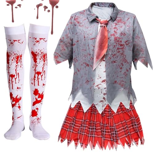 Zombie Schulmädchen Kostüm, Zombie Kostüm Kinder, Halloween Zombiekostüm Schülerin Damen mit Kariertem Rock, Graue Jacke, Blutige Krawatte und Socken für Halloween Fasching Karneval Party Dress Up von SOETDERT