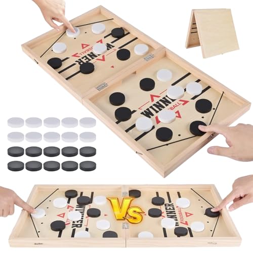 Sling Puck Spiel, Tischfußball Gewinnerspiele, Hockey Brettspiel Spielzeug, 2 in1 Interaktion Tischhockey Katapult, Foosball Puck Super Winner Holzbrett Sportspielzeug für Partyspiele von SOETDERT