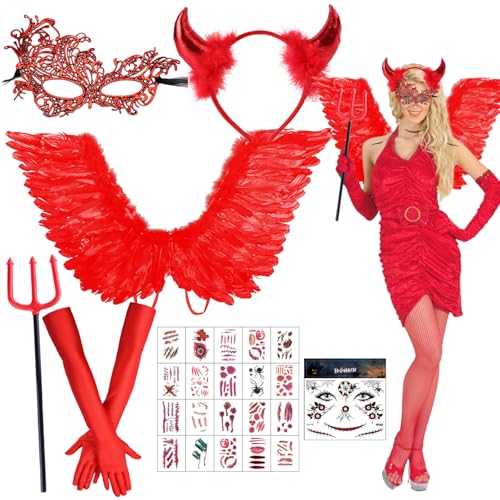 Teufel Kostüm Damen, Halloween Teufel Kostüm Damen, Engelsflügel, Teufel Hörner, Engel und Teufel KostümEngelsflügel Rot mit Teufel Horn Rot, Engel Kostüm für Halloween Karneval Party von SOETDERT