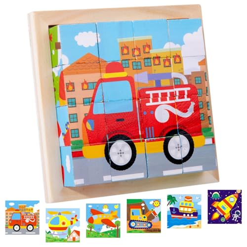 Würfelpuzzle Holz, 3D Bilderwürfel Puzzlespiele, 6 in 1 Auto-Motive Holzpuzzle Montessori Spielzeug, Puzzlespiele für Kinder ab 1 2 3 Jahre, Montessori Lernspielzeug Geschenk für Jungen Mädchen von SOETDERT