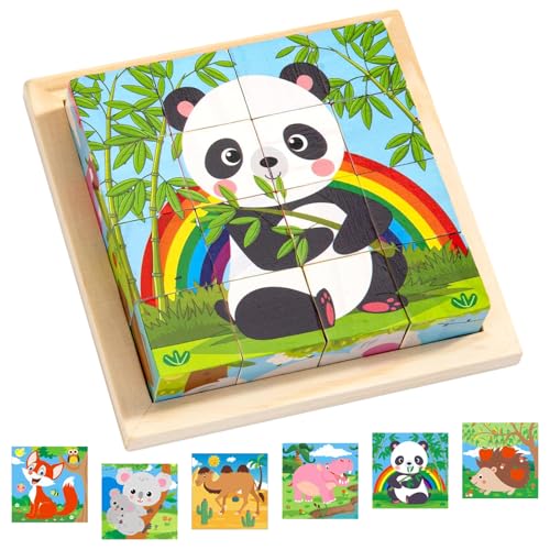 Würfelpuzzle Holz, 3D Bilderwürfel Puzzlespiele, 6 in 1 Tier-Motive Holzpuzzle Montessori Spielzeug, Puzzlespiele für Kinder ab 1 2 3 Jahre, Montessori Lernspielzeug Geschenk für Jungen Mädchen von SOETDERT