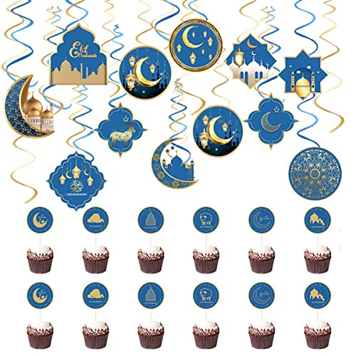 SOFORFREEM Eid Ramadan Dekoration für Party, Spirale zum Aufhängen, Mond, Stern, Kuchendekoration, Flagge für Ramadan, Partyzubehör von SOFORFREEM