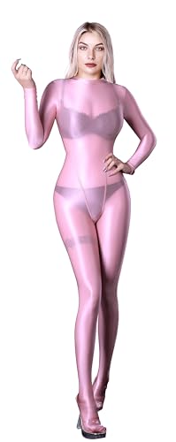 SOFSOT Ultra-transparenter Ganzkörperanzug für Damen, lange Ärmel, glänzend, Einteiler, glänzender Catsuit, Nylons, Ganzkörperanzug, Helles Pink, L von SOFSOT