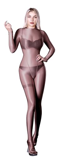 SOFSOT Ultra-transparenter Ganzkörperanzug für Damen, lange Ärmel, glänzend, Einteiler, glänzender Catsuit, Nylons, Ganzkörperanzug, Kaffee, Large von SOFSOT