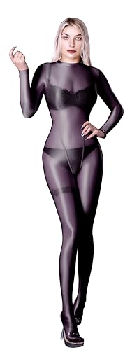 SOFSOT Ultra-transparenter Ganzkörperanzug für Damen, lange Ärmel, glänzend, Einteiler, glänzender Catsuit, Nylons, Ganzkörperanzug, Schwarz, Large von SOFSOT