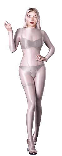 SOFSOT Ultra-transparenter Ganzkörperanzug für Damen, lange Ärmel, glänzend, Einteiler, glänzender Catsuit, Nylons, Ganzkörperanzug, Silbergrau, Large von SOFSOT