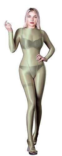 SOFSOT Ultra-transparenter Ganzkörperanzug für Damen, lange Ärmel, glänzend, Einteiler, glänzender Catsuit, Nylons, Ganzkörperanzug, Tender Green, Large von SOFSOT