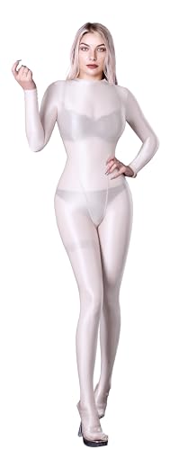 SOFSOT Ultra-transparenter Ganzkörperanzug für Damen, lange Ärmel, glänzend, Einteiler, glänzender Catsuit, Nylons, Ganzkörperanzug, Weiss/opulenter Garten, L von SOFSOT