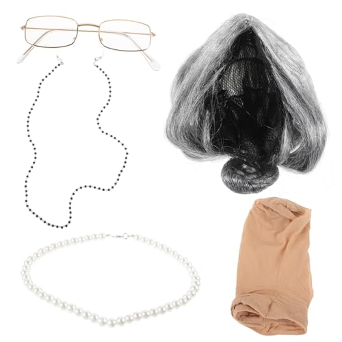 SOIMISS 2 Sets Oma Perücke Set Anzüge Halskette Für Abschlussball Cosplay Outfits Cosplay Brille Alte Dame Cosplay Perlenkette Oma Perlenkette Requisiten Alte Dame von SOIMISS