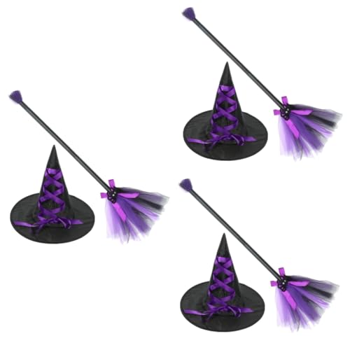 SOIMISS 3 Sätze Besen Hexenhut halloween costume halloween kleidung halloween klamotten halloween kostuem Kostümzubehör Party-Hexenhut Hexenkostüm Mädchen Hexenhut Hexenmütze Stoff Violett von SOIMISS