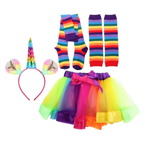 SOIMISS 4 Teiliges Regenbogen Tutu Rock Set Für ädchen Mit Kopfbedeckung Handschuhen Und Strümpfen Perfekt Für Partys Und Kostümpartys Größe Rocklänge von SOIMISS