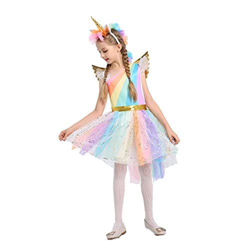 SOIMISS Buntes Einhorn Kleid Für Mädchen Festliches Kinderkleid Mit Flügeln Und Kopfbedeckung Ideal Für Halloween Karneval Und Kinderpartys Größe XL 130 von SOIMISS