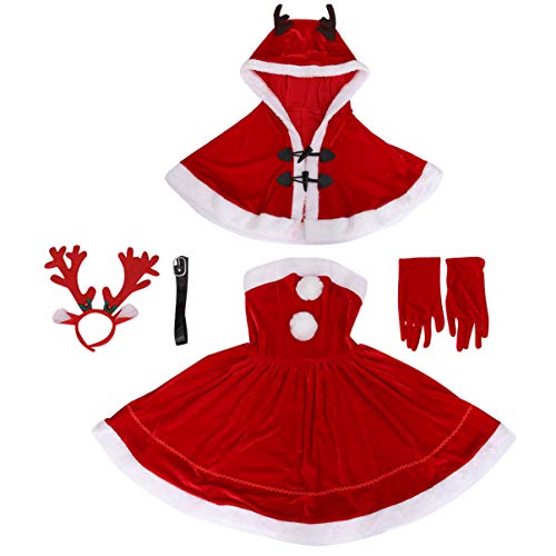 SOIMISS Fräulein Santa Claus Kostüm Weihnachten Kostüm Outfit Weihnachten Cosplay Kleid Kleidung mit Kapuze Kappe Elch Stirnband Handschuhe Blet für Frauen Weihnachtsfeier Rot von SOIMISS