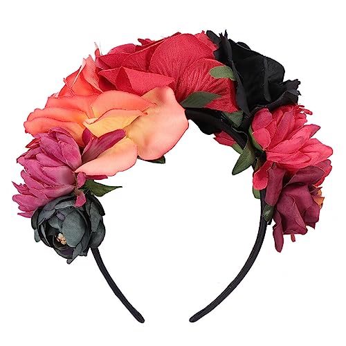 SOLUSTRE Rose Blumenkrone Girlande Halloween Stirnband Tag Der Toten Kopfbedeckung für Halloween Festival Party (Rot Schwarz) von SOLUSTRE