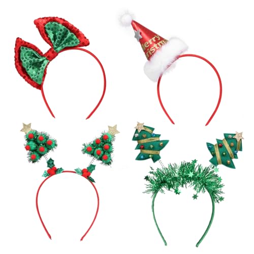 SOLUSTRE Weihnachten Stirnbänder Pailletten Weihnachtsbaum Santa Hut Bögen Stirnband Haarreif Christmas Headband Partyhüte für Kinder Erwachsene Weihnachten XMAS Party Geschenke 4 Stück von SOLUSTRE