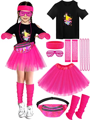 SOMSOC 13-teiliges Kinder 80er Jahre Kostüm Halloween Zubehör Set Mädchen 80er Jahre Cosplay T-shirt Tutu Outfit Stirnband Handschuhe, Heißes Pink von SOMSOC