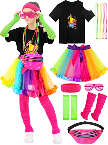 SOMSOC 13-teiliges Kinder 80er Jahre Kostüm Halloween Zubehör Set Mädchen 80er Jahre Cosplay T-shirt Tutu Outfit Stirnband Handschuhe, Regenbogenfarbe von SOMSOC