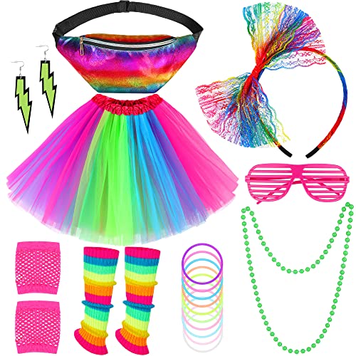 SOMSOC 18 Stücke 80er Jahre Damen Kostüm Accessoires Set 80er Jahre Retro Party Set Tutu Kopfband Handschuhe Brille für Frauen von SOMSOC