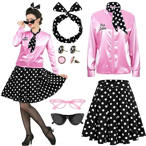 SOMSOC 1950er Jahre Rosa Satin Jacke mit Polka Dot Langer Rock Halloween Cosplay Kostüm Set 50er Jahre Damen Rosa Fettjacke, Pink, XXL von SOMSOC