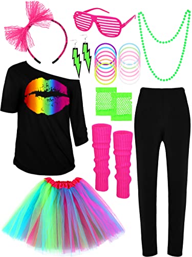 SOMSOC 21 Stück 80er Jahre Frauen Kostüm Accessoires Set T-Shirt Tutu Stirnband Ohrring Halskette Beinlinge Armband Elastische Hose Party Favors (Regenbogen, XX-Groß) … von SOMSOC