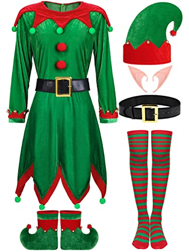 SOMSOC 6er-Pack Damen Weihnachten Elf Kostüm Set Samt Kleid Weihnachtsmann Helfer Kostüm Weihnachten Festliches Outfit mit Elf Hut Schuhe Ohren Gürtel Gestreift Over Knee High Socks von SOMSOC