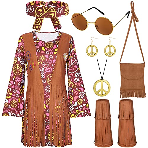 SOMSOC 70er Jahre Frauen Hippie Kostüm Peace Zeichen Ohrring Halskette Stirnband Kleid Söckchen Frauen Hippie Kostüm Sets für Kostümparty von SOMSOC