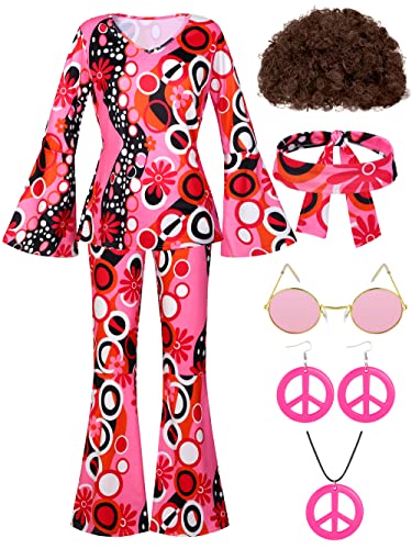 SOMSOC 7er-Pack 70er-Jahre-Hippie-Kostüm-Set für Frauen, Boho, ausgestellte Hose, Batik-Stirnband, Halskette, Ohrringe, Perücke für Halloween-Kostüm, Cosplay von SOMSOC