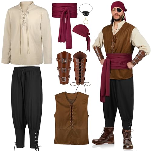 SOMSOC 8 Stück Herren Halloween Renaissance Mittelalter Kostüm Set Piraten Hemd Wikinger Weste Hose Kopftuch Gürtel, Beige+Schwarz, L von SOMSOC