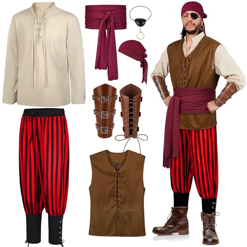 SOMSOC 8 Stück Herren Halloween Renaissance Mittelalter Kostüm Set Piraten Hemd Wikinger Weste Hose Kopftuch Gürtel, Beige, Rot und Schwarz, L von SOMSOC