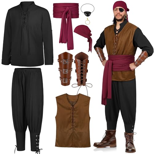 SOMSOC 8 Stück Herren Halloween Renaissance Mittelalter Kostüm Set Piraten Hemd Wikinger Weste Hose Kopftuch Gürtel, schwarz/schwarz, L von SOMSOC