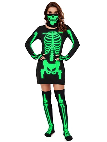 SOMSOC Damen Skelett Halloween Kostüm Glow in the Dark Skelett Kleid mit Handschuhen Hohe Socken Totenkopf Gesichtsbedeckung Set, Schwarz, L von SOMSOC