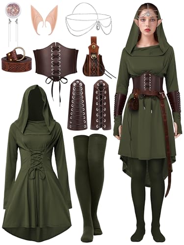 SOMSOC Frauen Renaissance Weihnachten Halloween Feenkostüme Mittelalter Kapuze Robe Schnürkleid Zubehör Set Cosplay, Dunkelgrün, XX-Large von SOMSOC