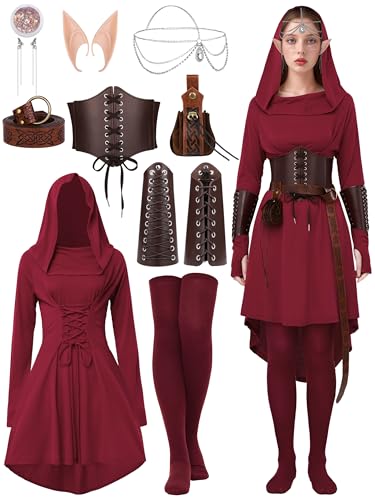 SOMSOC Renaissance-Kostüme für Damen, Weihnachten, Halloween, Feen-Kostüm, mittelalterliche Kapuzenrobe, Schnürkleid, Zubehör-Set, Cosplay, Burgunder, S von SOMSOC