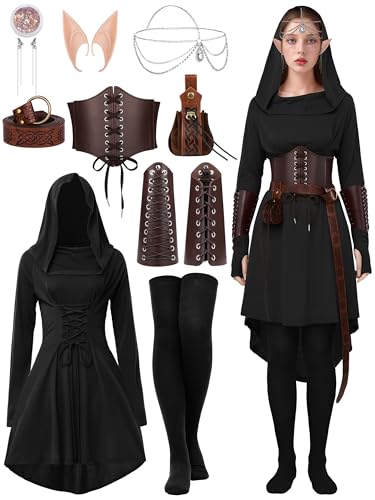 SOMSOC Renaissance-Kostüme für Damen, Weihnachten, Halloween, Feen-Kostüm, mittelalterliche Kapuzenrobe, Schnürkleid, Zubehör-Set, Cosplay, Schwarz, M von SOMSOC