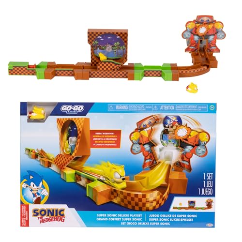 SONIC THE HEDGEHOG Go Go Racers Deluxe Spielset mit Diecast Super Sonic Figur, kombiniert mit dem Sonic Adventure Spielset und Knuckles Adventure Spielset von SONIC THE HEDGEHOG