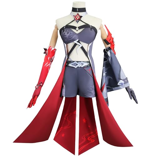 SOOYOOYOO Acheron Cosplay Kostüm Grau-Rot Fantasy-Kampfanzug mit Umhang und Accessoires für Convention Karneval Halloween(Unisex, Größe S) von SOOYOOYOO