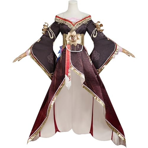 SOOYOOYOO Fugue Cosplay Kostüm Traditionelles Kleid mit Blumenverzierung und Schwanz Burgunderrot und Gold Mittelalterlicher Stil für Convention Karneval Halloween(Frauen, Größe M) von SOOYOOYOO