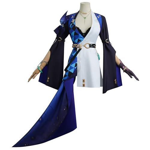 SOOYOOYOO Jade Cosplay Kostüm Blau-Weiß Asymmetrisches Design mit Gürtel Lange Ärmel für Convention Karneval Halloween(Frauen, Größe 3XL) von SOOYOOYOO