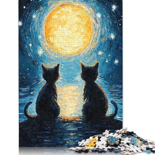 520-teiliges Puzzle „Katzen, Mond, Sternennacht“, Holzpuzzle für Erwachsene, Familienpuzzlespiel, Stressabbau-Puzzle für Erwachsene ab 18 Jahren, 520 Teile (52 x 38 cm) von SOQWBYG