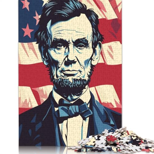 Abraham Lincoln USA-Flagge Puzzle für Erwachsene, 1000-teiliges Puzzle aus Holz, kreativ für Erwachsene, anspruchsvolles Spiel, 1000 Teile (75 x 50 cm) von SOQWBYG