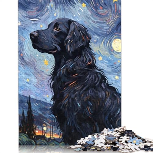 FlatCoated Retriever Nachtpuzzle, 520 Teile, Holzpuzzle für Erwachsene, Puzzlespiele, Lernspielzeug, 520 Teile (52 x 38 cm) von SOQWBYG