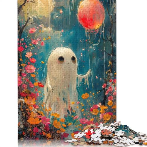 Happy Floral Boho Ghost Jigsaw 1000-teiliges Puzzle, Holzpuzzle, Spielzeug, Familienspiel, Schwierigkeitsgrad, Herausforderung, Puzzles 1000 Stück (75 x 50 cm) von SOQWBYG