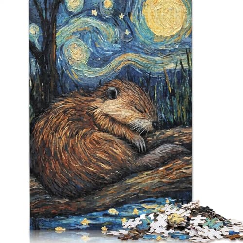 Holzpuzzle-Spielzeug für 1000 Teile, schlafender Biber, Sternennacht-Puzzle, Jungen-Mädchen-Puzzle, Lernspiele für über 18-Jährige, 1000 Teile (75 x 50 cm) von SOQWBYG