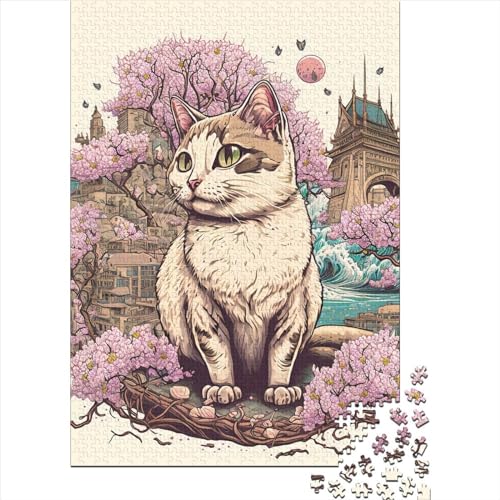 Katze Kirschblüte Japan Puzzle Alter 18 Jahre Upe Lernspiele Papier Rechteckiges Puzzle für Frauen Männer Ostergeschenk 38x26cm/1000 Teile von SOQWBYG