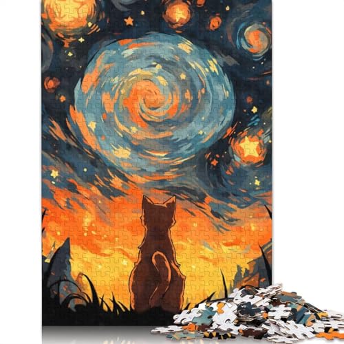 Puzzle für Erwachsene, 1000 Teile, Orange Cat Starry Night, DIY-Kreativpuzzle, Holzpuzzle für ab 18 Jahren und Erwachsene, 1000 Teile (75 x 50 cm) von SOQWBYG