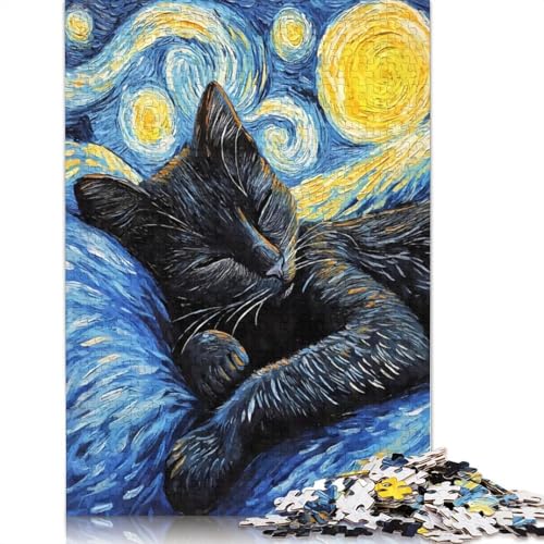 Puzzle für Erwachsene, Schwarze Katze, schlafende Nacht, 520-teiliges kreatives Holzpuzzle, Spielzeug, Dekompressionsspiele, Geschenke, 520 Teile (52 x 38 cm) von SOQWBYG