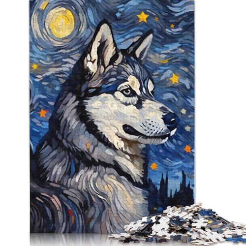 Siberian Husky Night Jigsaws 520-teiliges Puzzle, Erwachsenen-Puzzle, einzigartiges, schwieriges und herausforderndes Puzzle, Spielspielzeug, Geschenk, 520 Teile (52 x 38 cm) von SOQWBYG