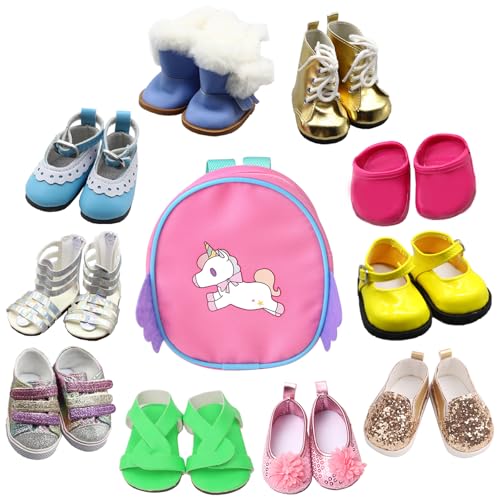 SOTOGO 10 Paar 45,7 cm Puppenschuhe und Puppen-Rucksack, passend für amerikanische 45,7 cm Puppen, inklusive Stiefel, Sandalen, Lederschuhe von SOTOGO